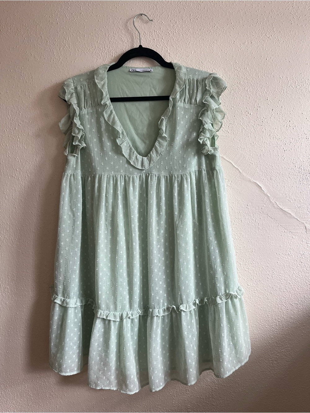 Zara Mint Green Ruffled V-Neck Mini Dress